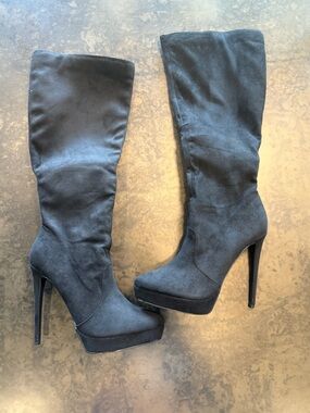 Black Suede Platform High Heel Knee Boots - Women